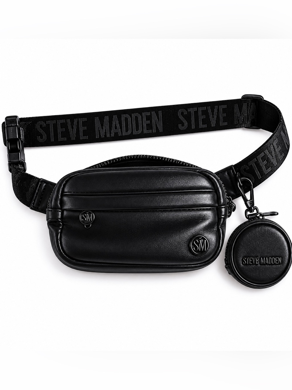 Steve Madden Black Faux-Leather Belt Bag with Logo Strap and Coin Pouch